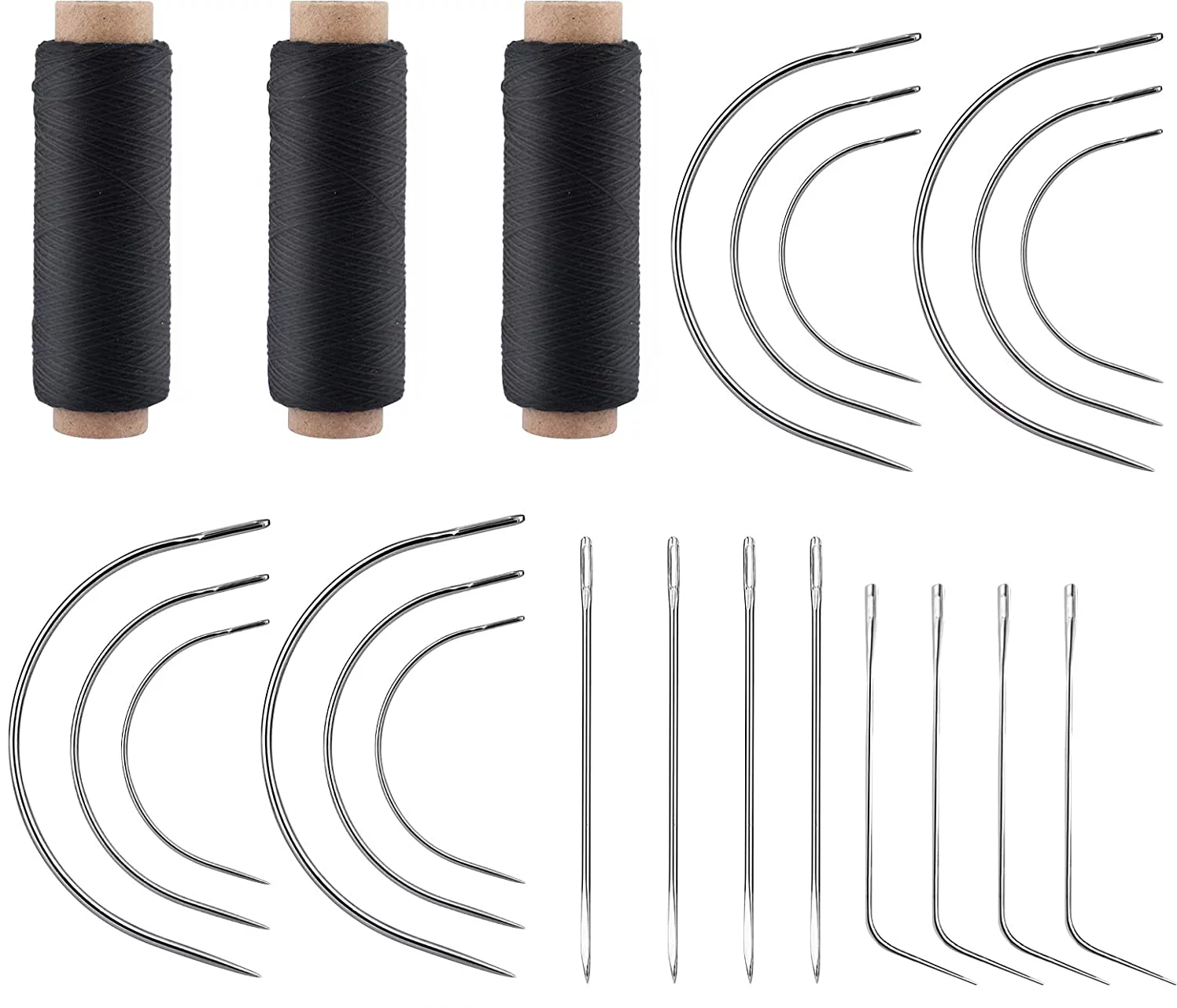 25pcs Sewing Needles and Thread Set, Curved Needles Black Thread and Needle  Weaving Combo with Threader Sewing Accessories and Supplies for Making Wigs  Sewing Hair Weft Braid Extension 